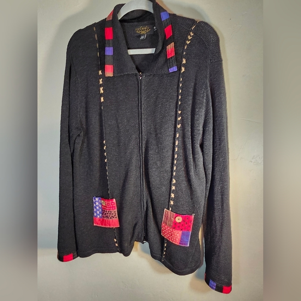 Icelandic Black Cardigan with Colorful Patchwork Accents Boho Sz XL